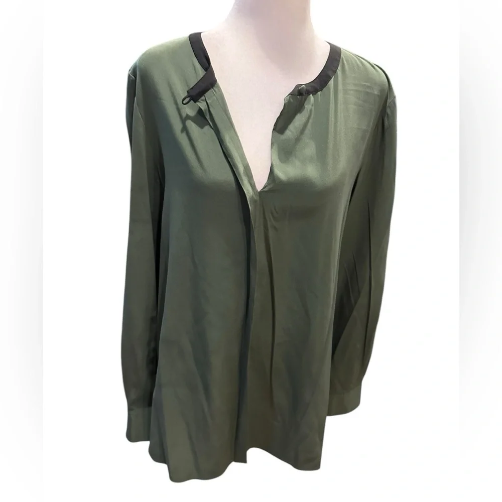 Tory Burch Chic Olive Green Blouse with Black Trim size 10